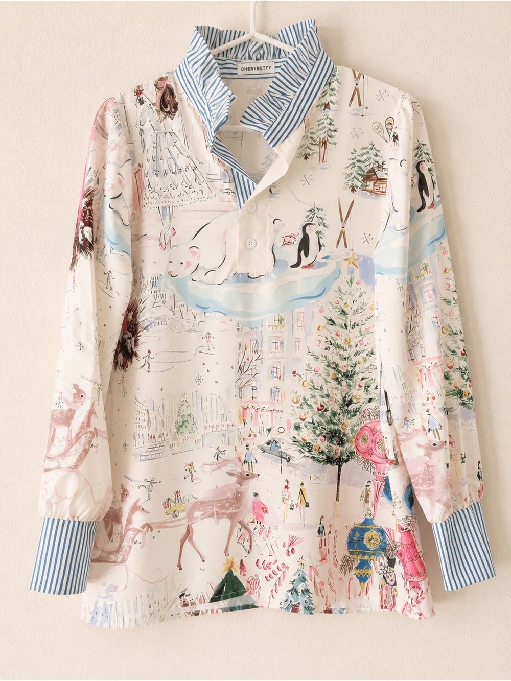 Cream Holiday Print Button-Front Blouse